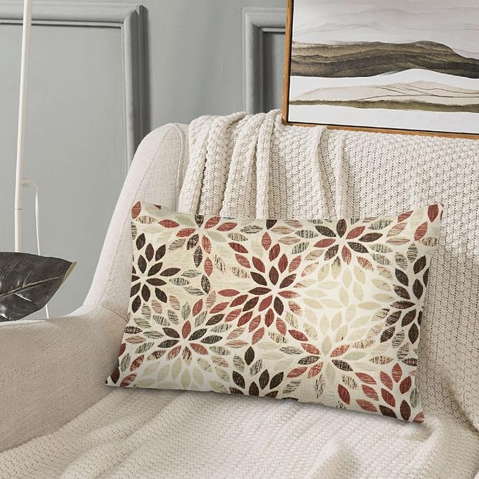 Burgundy Red Brown Pillow Covers 12x20 Inch Set of 2 Summer Rust Geometric Flower Outdoor Decorative Throw Pillows Farmhouse Dahlia Pillow Case Linen Lumbar Cushion Cover for Home Sofa Bedroom