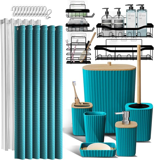 Shower Caddy and Bathroom Accessories Set, 25PC Bathroom Accessory Set with Shower Shelf Caddy for Bathroom Storage, Teal Shower Curtain Set, Toilet Brush, Trash Can, Soap Dispenser, Toothbrush holder
