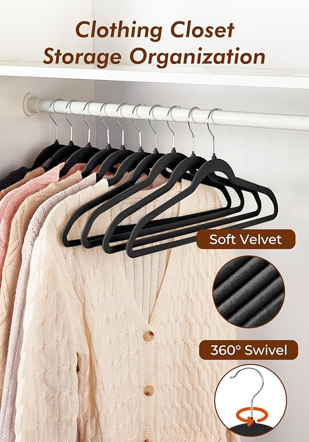 HOUSE DAY Black Velvet Hangers 50 Pack - Non Slip Felt Hangers Closet Essentials, Premium Space Saving Hanger, Gentle on Clothes, Sturdy Shoulder Design