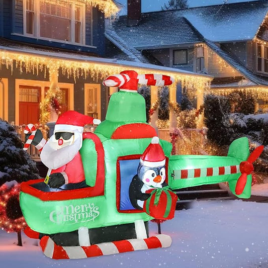 Bshine Christmas Inflatable Outdoor Decorations, 6.4FT Santa Claus Flying Airplane Sign, Blower Up with LED Lighted Holiday Christmas Yard Decorations for Outdoor Indoor Home Garden Lawn Decor