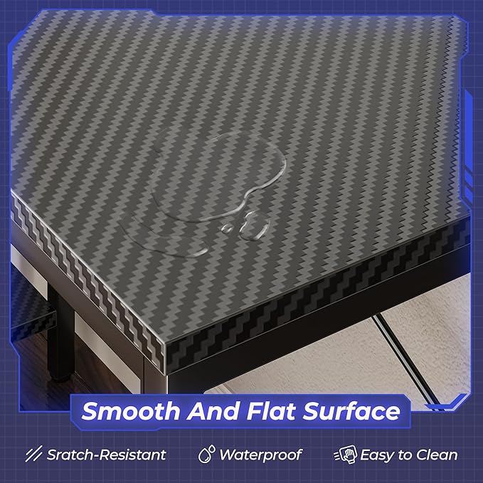 Huuger L Shaped Desk, 47 Inch Gaming & Home Office Desk with Reversible Storage Shelves, Metal Frame, Carbon Fiber Black