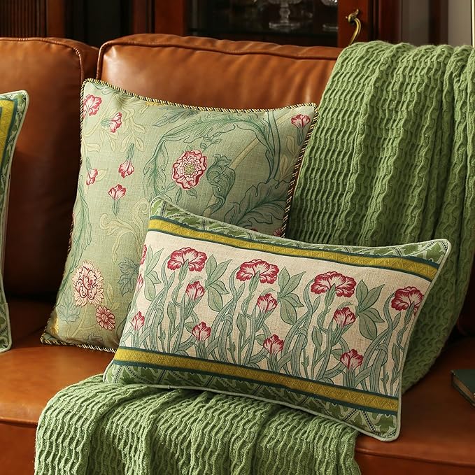 patdrea Designer Pack of 2 Rectangle Throw Pillow Covers,French Vintage Rustic Linen with Green Floral Pattern Pillows Cover,Decorative Lumbar Pillowcases Cushion for Bed Living Room,12"x20"