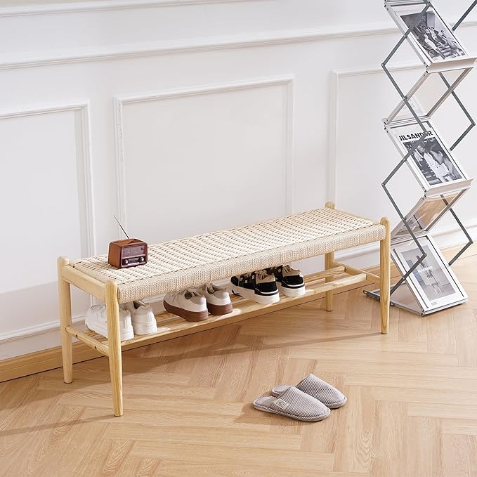 Solid Wood Entryway Bench with Shoe Storage, Rustic Oak and Woven Design 45 Inch Long Seating for Living and Dining Rooms, Natural