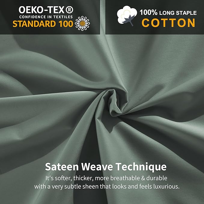 MILDLY 100% Cotton Duvet Cover Set King Size Grey Sage Satin Weave Silky Luxury Comforter Cover Sets Ultra Soft Bedding Set 3PCS (No Comforter)