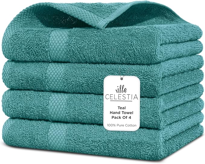 100% Cotton Hand Towel Set of 4, (16 x 28 inches) Sustainable, Soft, Highly Absorbent, Quick Drying, Combed Cotton Hand Towels Pack of 4 Ideal for Hotels, Spa, Bathroom, Dorm, Teal
