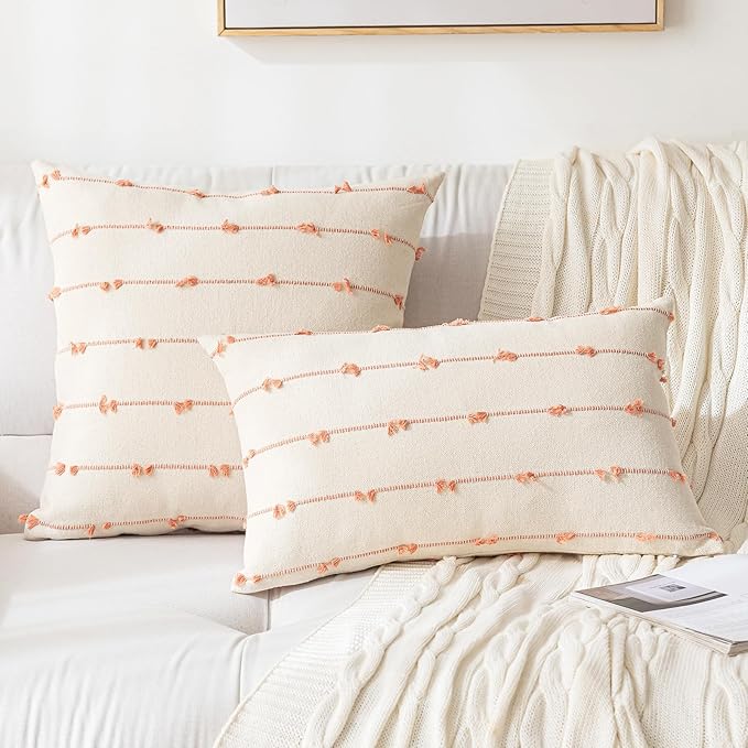 Boho Throw Pillow Covers 12x20 Set of 2 Modern Farmhouse Decorative Cushion Case Tufted Linen Square Pillows Cover Neutral Pillow Cases Accent Pillowcase for Sofa,Couch,Bed,Beige and Pink