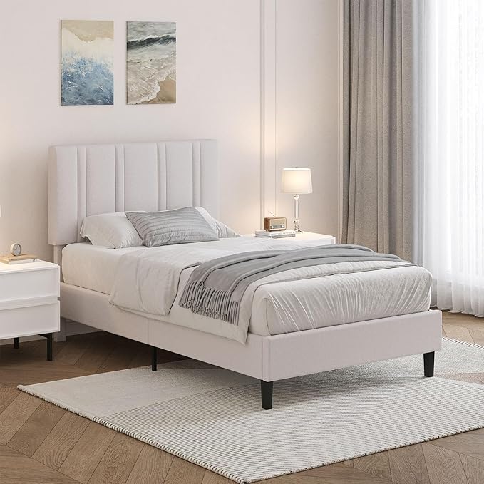 Twin Bed Frame, Upholstered Platform Bed with Button Tufted Headboard, White Bed Frame Twin Size for Kids Girls Boys, No Box Spring Required, Easy Assembly, White
