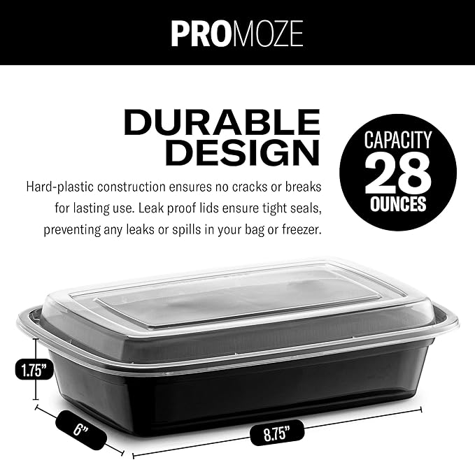 50-Pack Reusable Meal Prep Containers Microwave Safe Food Storage Containers with Lids, 28 oz - 1 Compartment Take Out Disposable Plastic Bento Lunch Box To Go, BPA Free - Dishwasher & Freezer Safe