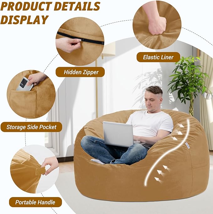 3FT Bean Bag Chair with Ultra Soft Velvet Cover Bean Bag Sofa with Memory Foam Bean Bag Chairs with Large Size Lazy Sofa for Dorm Office Living Room Bedroom Camel 3'