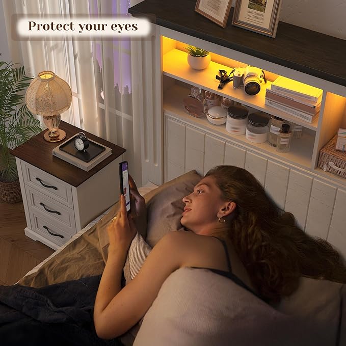 EnHomee Full Size Bed Frame with Headboard and Storage, 4 Drawers and LED Built in Charging Station Full Bed Frame with Storage Farmhouse,NO Noise,No Box Spring Needed,White