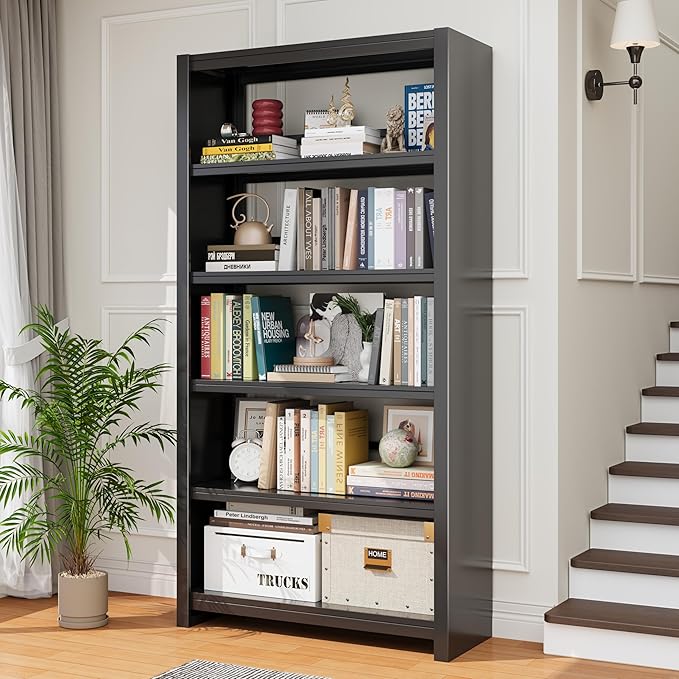 69.3" Tall Metal Bookshelf, 5-Tier Black Bookcase with Wide Open Shelves, Modern Bookshelf with Storage for Living Room, Bedroom, Home Office, Library, Study
