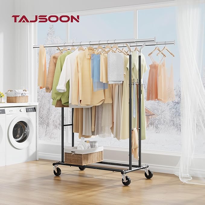 Tajsoon Double Rod Clothes Rack Load 480 LBS, Heavy Duty Rolling Garment Rack with Wheels, Collapsible Clothing Rack for Hanging Clothes, Commercial Adjustable Clothes Rack with Shelf, Black
