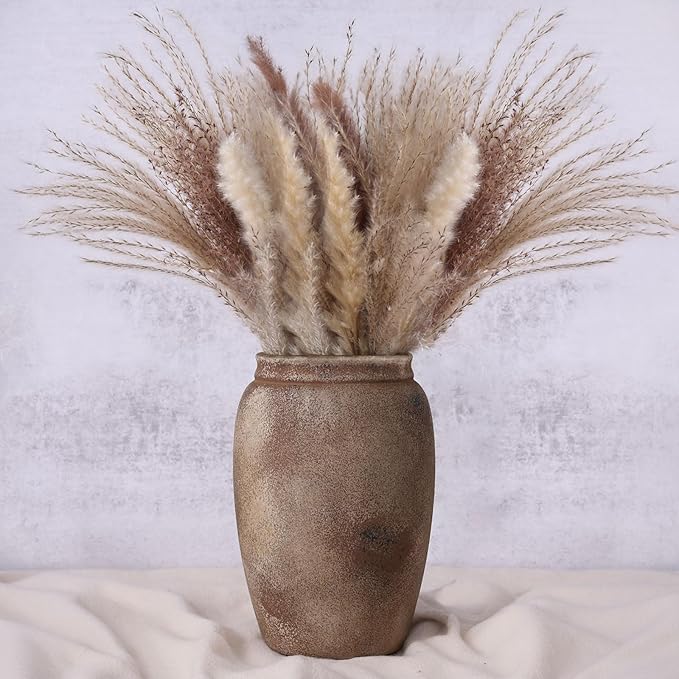 Rustic Farmhouse Ceramic Vase, 8.1" Tall Vintage Pottery Vases, Terracotta Decorative Boho Pampas Flower Vase, Suitable for Home Decor Living Room Entryway Table Bookshelf Mantle Shelf Decor