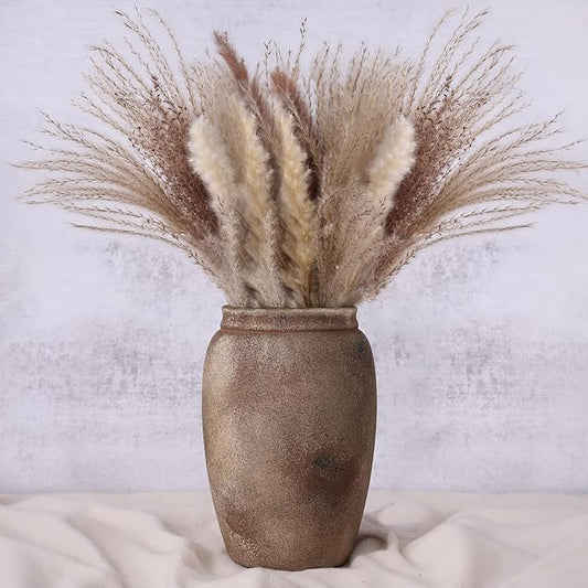 Rustic Farmhouse Ceramic Vase, 8.1" Tall Vintage Pottery Vases, Terracotta Decorative Boho Pampas Flower Vase, Suitable for Home Decor Living Room Entryway Table Bookshelf Mantle Shelf Decor