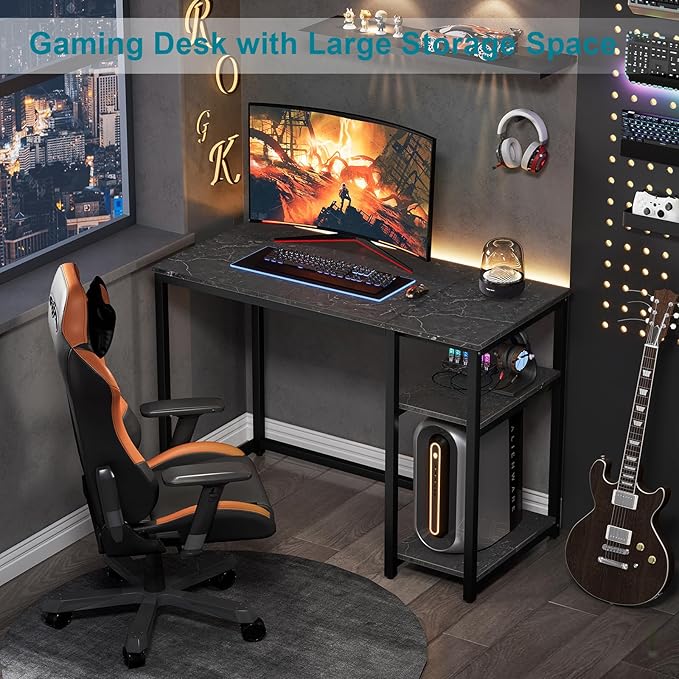 SINPAID Computer Desk 40 inches with 2-Tier Shelves Sturdy Home Office Desks with Large Storage Space Modern Gaming Desk Study Writing Laptop Table, Black Marbling