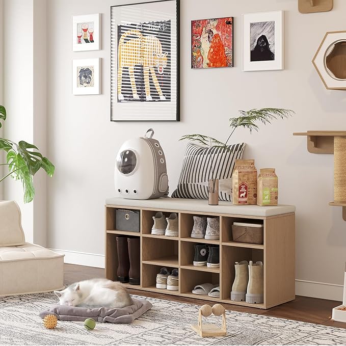 DINZI LVJ Shoe Storage Bench with Cushion, 12-Cubby Shoe Rack, Adjustable Shelves, 40.9" Long Shoe Organizer Bench for Entryway, Mudroom, Hallway, Garage, Natural and Cappuccino Beige
