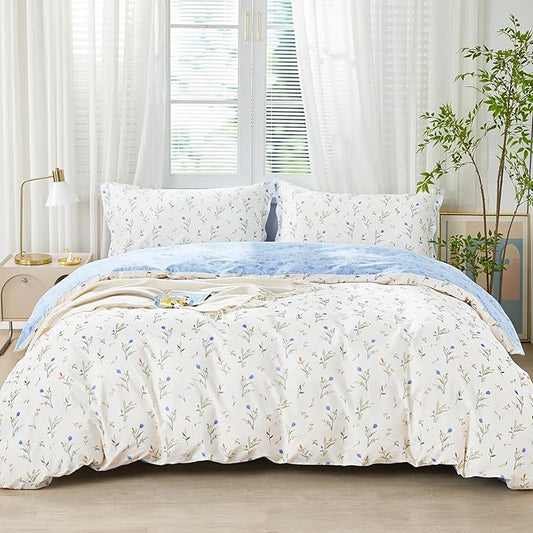 SAPHREAS King Size Blue Floral Duvet Cover Set 3pcs Botanical Flower White Bedding Comforter Cover Set 100% Cotton 1 Duvet Cover 104"x90" 2 Pillow Shams, Comforter Not Included