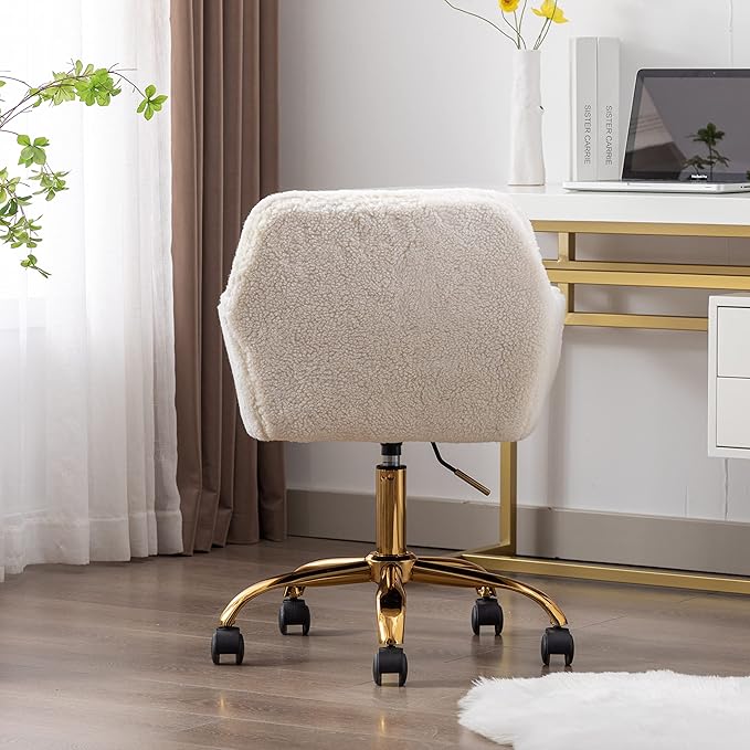 Goujxcy Fluffy Desk Chair, White Faux Fur Vanity Chair Swivel Office Chair for Girls Women, Height Adjustable Cute Teddy Furry Makeup Chairs for Bedroom Home Office