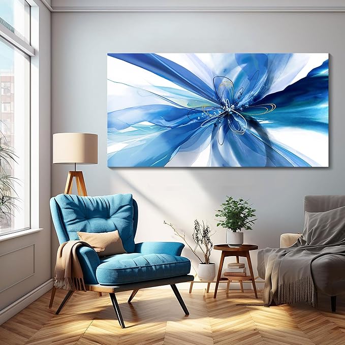 HKDGOKA Large Canvas Wall Art - Blue White Abstrac Gradient Flower Modern Paintings Picture Prints Ready to Hang Living Room Bedroom Dining Room Office Hallway Home Decor 29x58 IN