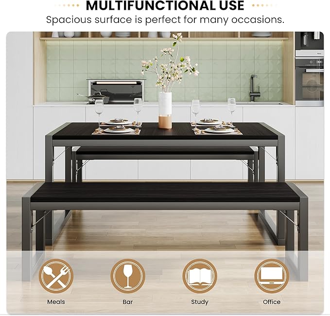 SHA CERLIN Kitchen Dining Table Set for 4 with Benches, Rustic Small Space Saving Dinette, Heavy Duty Metal Frame