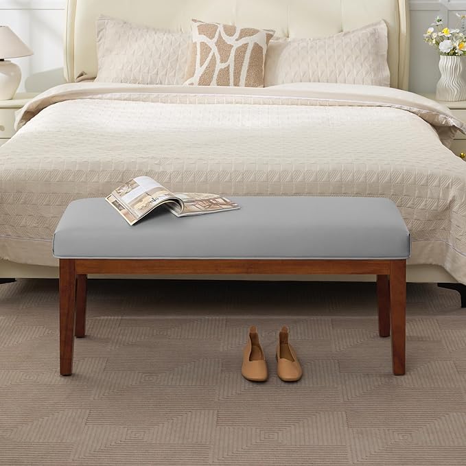 43.5'' Faux Leather Bedroom Bench, Upholstered End of Bed Bench, Padded Vintage Dining Bench, Entryway Bench with Solid Wood Legs, Kitchen, Living Room, Hallway, Grey