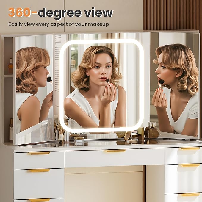 Pamapic 11 Drawers Vanity Desk with Foldable Mirror, Glass Top Makeup Vanity with LED Lights, 3 Lighting Modes, Golden Handles Dressing Table with Chair and Power Outlet