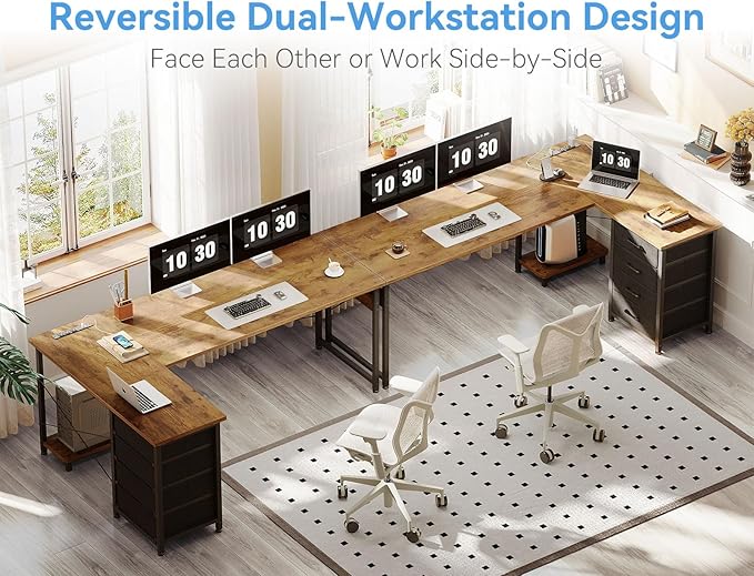 ODK 61'' L Shaped Desk with 4 Drawers, Reversible Corner Desk with Storage, Gaming Table with Power Outlets, USB Ports, Computer Desk for Home Office, Study, Easy Assembly, Vintage Brown