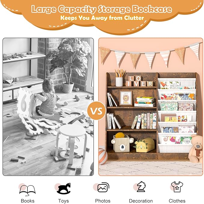 Kids Bookshelf for Bedroom Toddler Child Baby Bookcase 4-Tier for Nursery Book Toy Storage Organizer 6 Sling Adjustable Display Shelf Stand Book Rack Wood Classroom Playroom Rustic Brown
