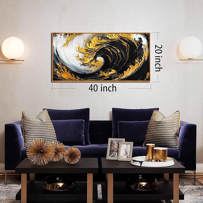 SIXTTART Abstract Black and White Wall Art for Living Room - Gold Modern Wall Art for Office - Framed Canvas Wall Art for Bedroom Size 20" x 40"