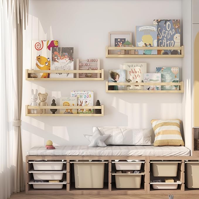 Onlysky Set of 4 Wall-Mounted Kid's Bookshelf - Wood Floating Nursery Book Shelves - Durable Wood Construction - Ideal for Nursery Decor, Kids Room, Toy Storage