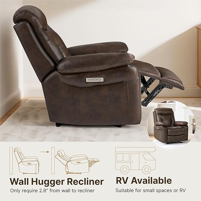 Leather Recliner Chair Wall Hugger Recliner with Adjustable Headrest and Footrest Electric Power Reclining Sofa with USB/Type-C Charging for RV Living Room Bedroom