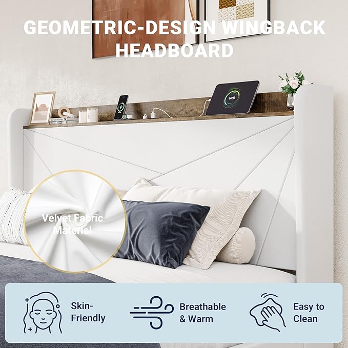 Allewie King Size Velvet Bed Frame with 3 Storage Drawers, Upholstered Platform Bed with Wingback Storage Headboard and USB Ports, No Box Spring Needed, Easy Assembly, White