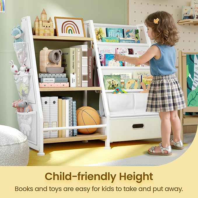 Kids Bookshelf and Toy Storage Organizer: Book Shelf for Kids Room with Drawer to Store Books and Toys Organizer - 3 Tier Toddler Bookshelf with 3 Side Pockets for Nursery, Bedroom (Burlywood)