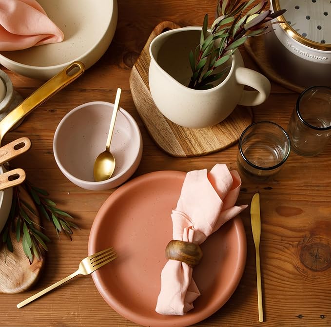 Bloomhouse Corsica Clay 12 Piece Stoneware Rustic Reactive Glaze Dinnerware Set - Stackable Plates and Bowls Set. Service for 4 - Matte Burnt Apricot Terracotta