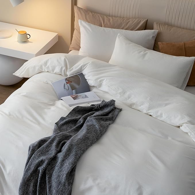 JIYUAN 100% Washed Cotton Duvet Cover Set 3 PCS Super King Plus, 1 Duvet Cover 120x120 Inches(Comforter Not Included) and 2 Pillowcases,Linen Feel Bedding Set Comfy and Breathable,Off White