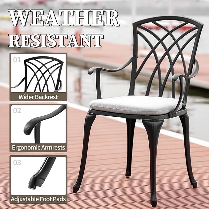 Patio Bistro Sets Cast Aluminum Bistro Table and Chairs Set of 2 with Umbrella Hole,Outdoor Bistro Set with Cushion for Yard (BLACK1)