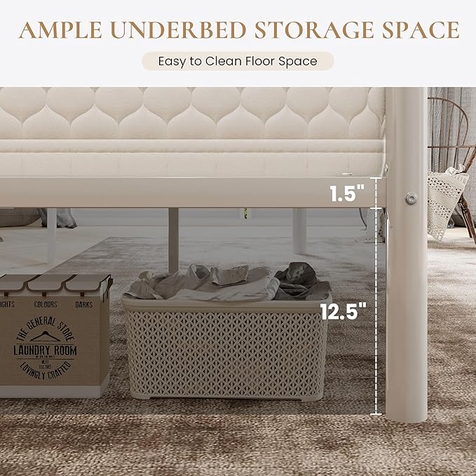 SHA CERLIN 14 Inch Queen Size Metal Bed Frame with Iron-Art Headboard and Footboard,Under Bed Storage Space,Platform Bed with Metal Slats Support,Easy Assembly,Noise Free,No Box Spring Needed,White
