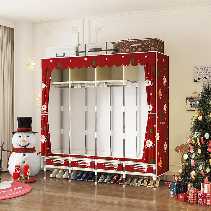 Portable Wardrobe with 4 Drawers Simple Temporary Wardrobe, Armario Portátil,New Oxford Cloth, Christmas Style (Christmas Color)