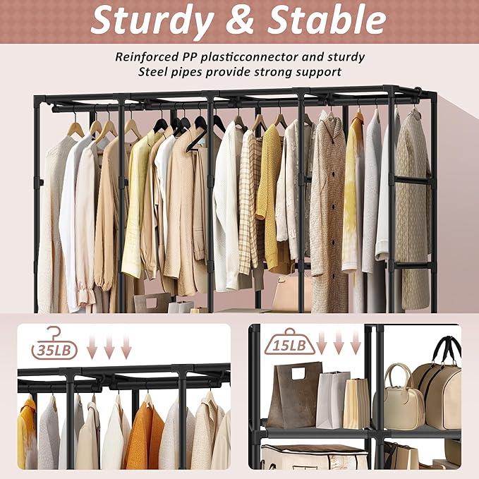 Wardrobe Closet, Quick and Easy Assembly, Gray Large Capacity Portable Closet with 4 Hanging Rods 8 Storage Shelves and 8 Side Pockets, Clothes Rack with Cover, for Bedroom and Living Room
