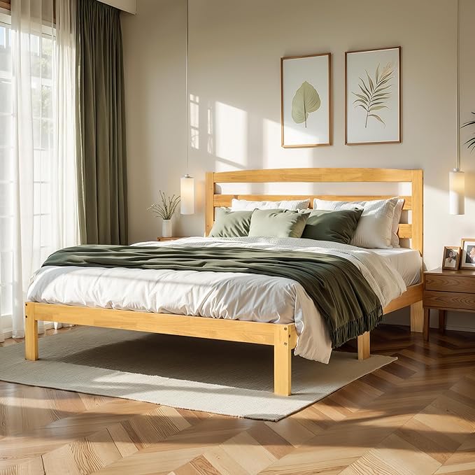 Hokway Wood King Size Bed Frame and Headboard- No Wobble,Noise-Free,Easy Assembly with Precise Holes,12 in Reinforced Center Legs,No Box Spring Needed,Natural