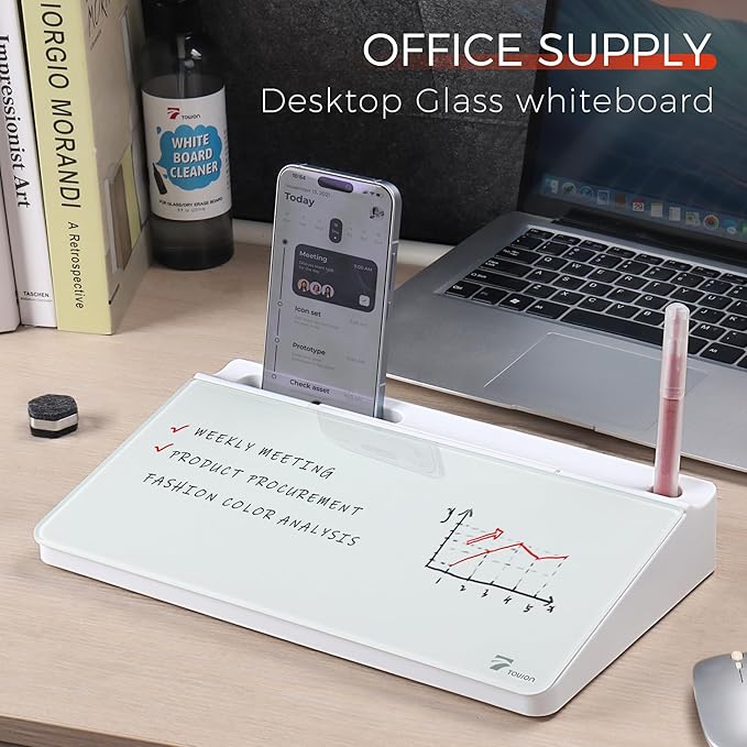 TOWON Small Compact Glass Desktop Whiteboard with Storage – 12 x 7 in Dry Erase Board for Desk, Home Office, School | Includes 5 Markers, Eraser & Holder | Space-Saving Organizer, Aesthetic White