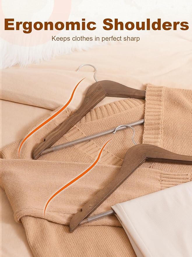HOUSE DAY Walnut Wooden Hangers 10 Pack, Solid Wood Hanger with Non Slip Pant Bar, Heavy Duty Wooden Coat Hanger for Closet, Smooth Finish Wood Clothes Hangers for Shirts, Suits, Jackets, Dress