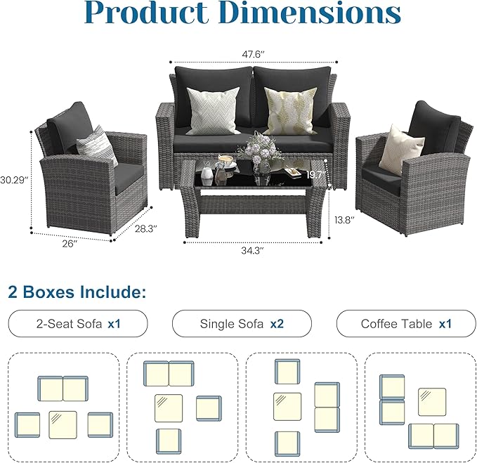 Solaste 4 Piece Outdoor Patio Furniture Set, Outdoor Sectional Sofa with Tempered Glass Coffee Table and Cushions, Wicker Rattan Patio Set for Backyard, Front Porch, Balcony, Black