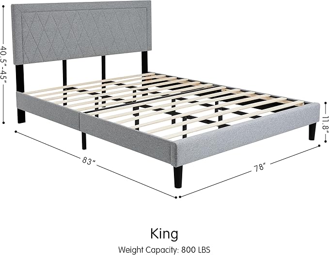 Hokway Bed Frame Upholstered Platform Bed with Headboard Wooden Slat Support No Box Spring Needed(King, Light Gray)