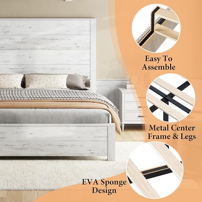 AMERLIFE Queen Size Wood Bed Frame, Rustic 51.2" Platform Bed with Spliced Headboard, Wood Slats Support/Noiseless/No Box Spring Needed, Antique White