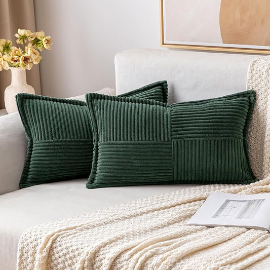 MIULEE Christmas Decorative Lumbar Throw Pillow Covers for Couch Bed Livingroom 12x20 Inch Set of 2 Dark Green Boho Accent Throw Pllows Broadside Striped Patchwork Soft Corduroy Pillowcases