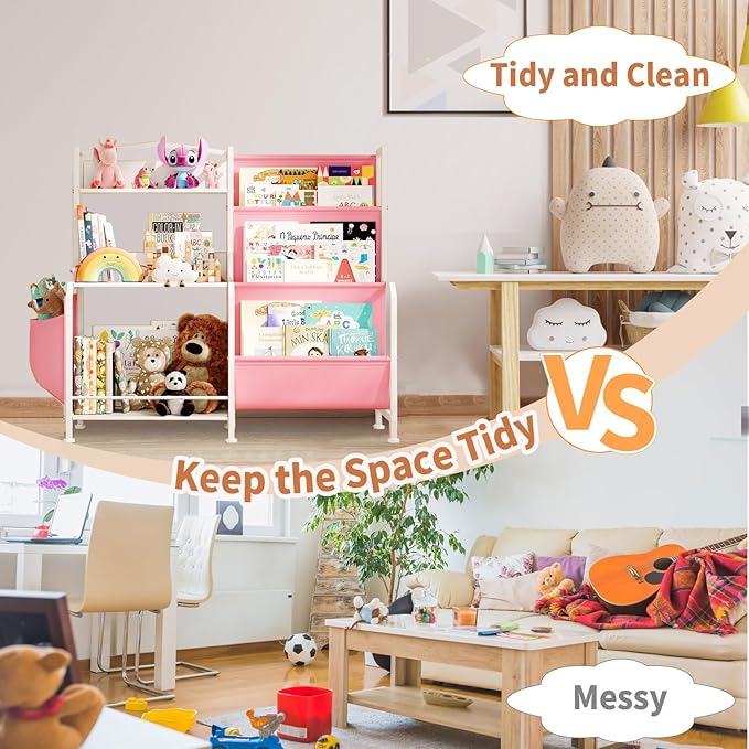 Kids Bookshelf and Toy Organizer, 3 Tier Girls Pink Bookshelf for Kids, Nursery Book Shelves, Toddler Book Shelf, Kids Book Shelf for Kid Room, White/Pink