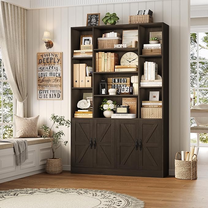 HOSTACK 75” Tall Book Shelf and Bookcase, Bookshelf with Storage Cabinet, 47” Wide Bookcase with 4 Doors, Standing Display Shelves, Modern Farmhouse Book Case for Living Room, Home Office, Dark Brown