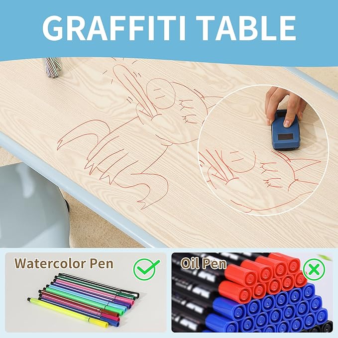 Toddler Table and Chairs, Kids Table and 4 Chairs Set with Graffiti Desktop, Height-Adjustable Kids Study Table for Boys and Girls Aged 3-8, Max 300lbs