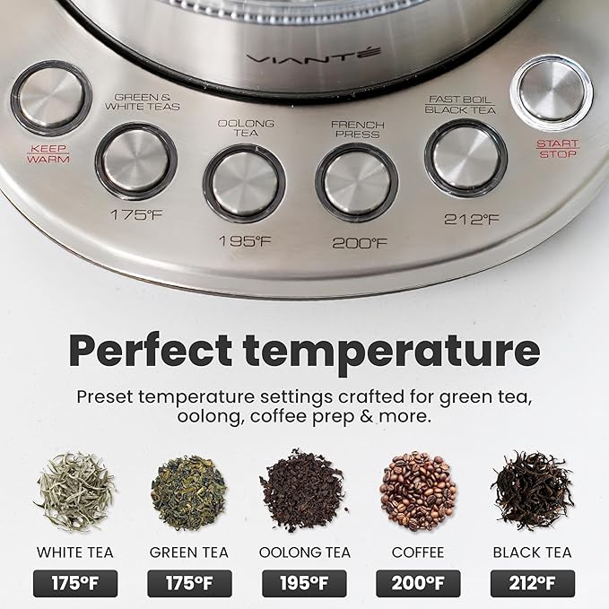 Vianté Electric Kettle With Infuser For Loose Leaf. Hot Tea Maker With Temperature Control And Automatic Shut Off. Tea Kettle With Brewing Programs. 1.5 Liters Capacity